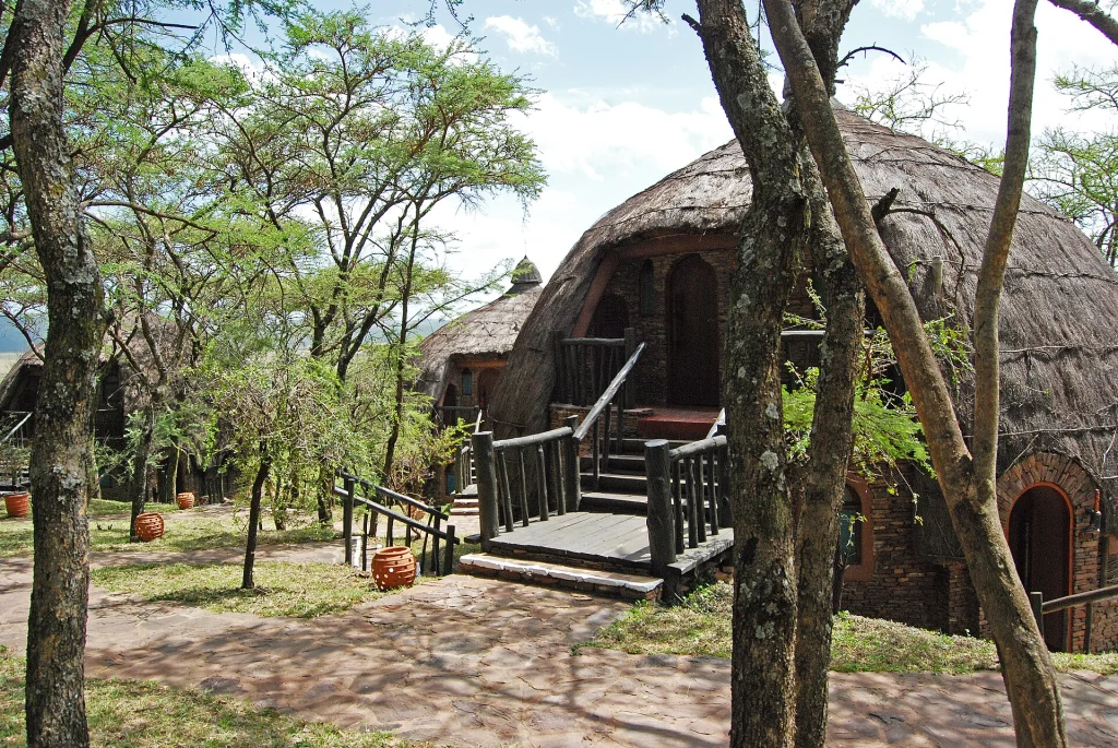 Thatched stone buildings at Serengeti Serena Safari Lodge